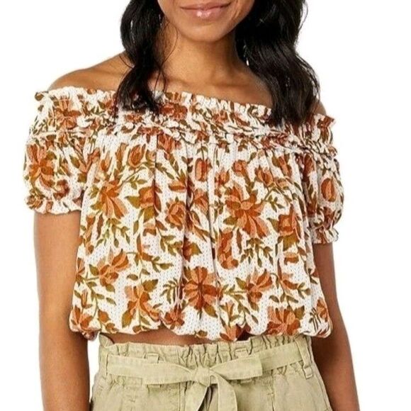 Free People FP One Suki Blouse Sz L Off Shoulder Two Way Top Orange Floral Print - Picture 1 of 11